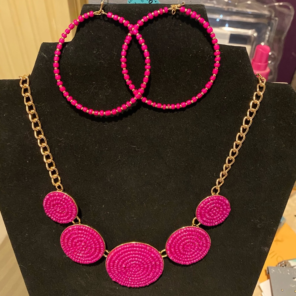 Pink hoop earrings and necklace